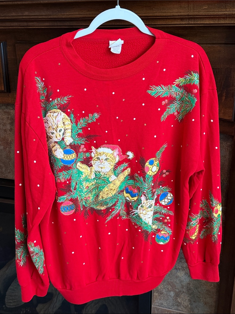 Vintage cute red Christmas puffy cat kitten sweatshirt Ugly sweater cat lady LG